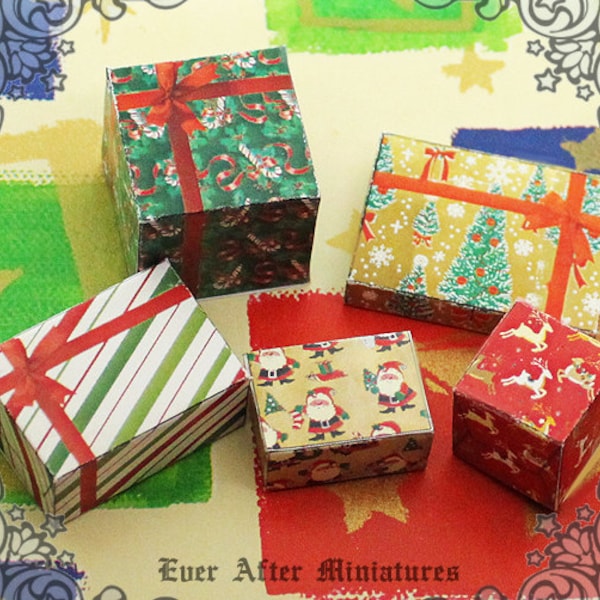 5 VINTAGE miniatuur kerstcadeauboxset – 1:12 Victoriaanse kerstpoppenhuis miniatuur kerstcadeaudozen poppenhuis afdrukbare DOWNLOAD