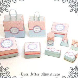 Juego de caja de panadería en miniatura para casa de muñecas a escala 1:12: juego COMPLETO de 10 piezas de caja de pastel en miniatura + caja de dulces + bolsa de regalo - Descarga imprimible para casa de muñecas