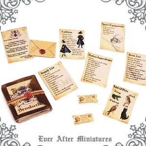 Kit de carta de aceptación en miniatura y lista de útiles escolares para la ESCUELA DE MAGIA DE STRODARTHS (1:12) Carta de mago para la casa de muñecas de brujas para imprimir DESCARGAR
