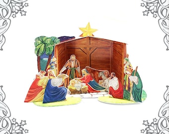 May include: A papercraft nativity scene with a wooden stable, a palm tree, and figures of Mary, Joseph, baby Jesus, and the three wise men.