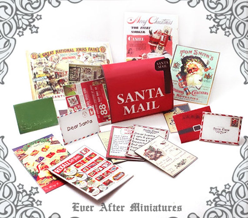 May include: A collection of miniature Christmas-themed items, including a red "SANTA MAIL" mailbox, vintage postcards, and letters. The postcards feature Santa Claus illustrations and festive advertisements. A green square and a letter that says "Dear Santa" are also visible.