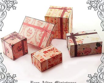 5 VICTORIAN ROSE Miniature Gift Box – 1:12 Printable Vintage Dollhouse Miniature Gift Pink Shabby Miniature Presents Printable DOWNLOAD