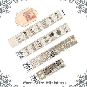 May include: A set of eight printable paper doll patterns for a miniature dollhouse. The patterns are printed on cream-colored paper with black ink and include instructions for assembling the dolls. The patterns are numbered 1 through 8 and include instructions to glue the pages together in the correct order.