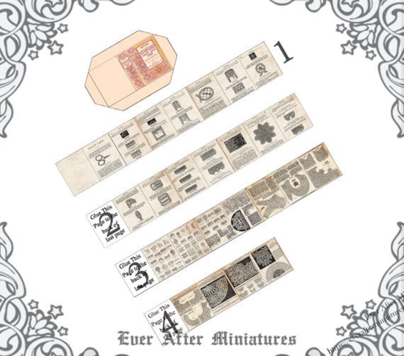 May include: A set of eight printable paper doll patterns for a miniature dollhouse. The patterns are printed on cream-colored paper with black ink and include instructions for assembling the dolls. The patterns are numbered 1 through 8 and include instructions to glue the pages together in the correct order.