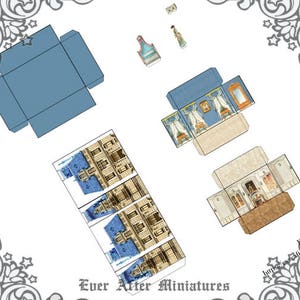 May include: A printable paper dollhouse kit with a blue and white exterior and a brown interior. The kit includes a doll, a chair, and a fireplace. The text "Ever After Miniatures" is printed on the bottom of the image.