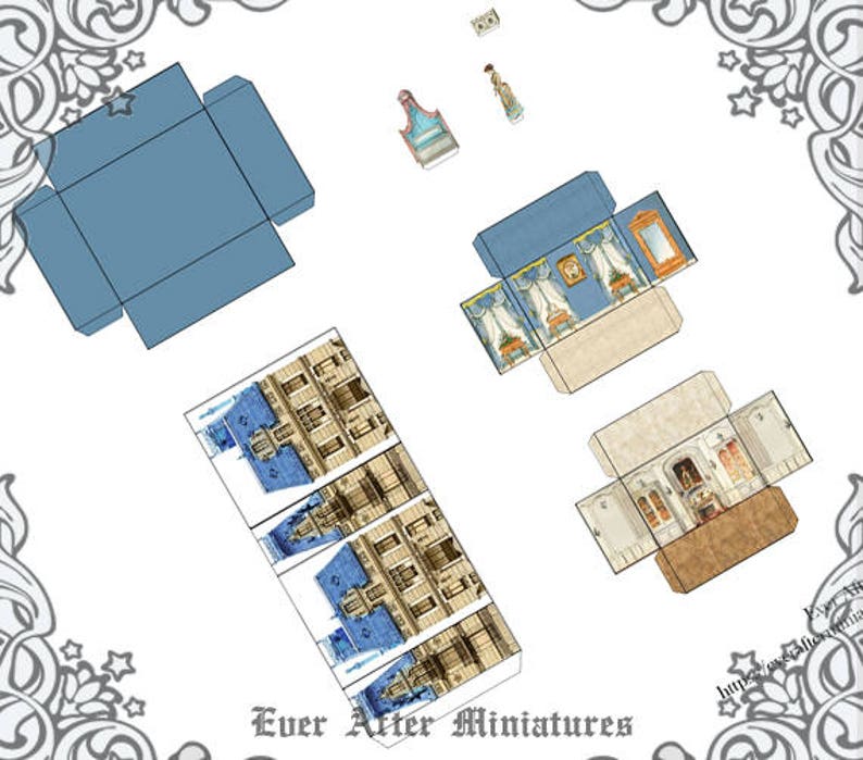 May include: A printable paper dollhouse kit with a blue and white exterior and a brown interior. The kit includes a doll, a chair, and a fireplace. The text "Ever After Miniatures" is printed on the bottom of the image.
