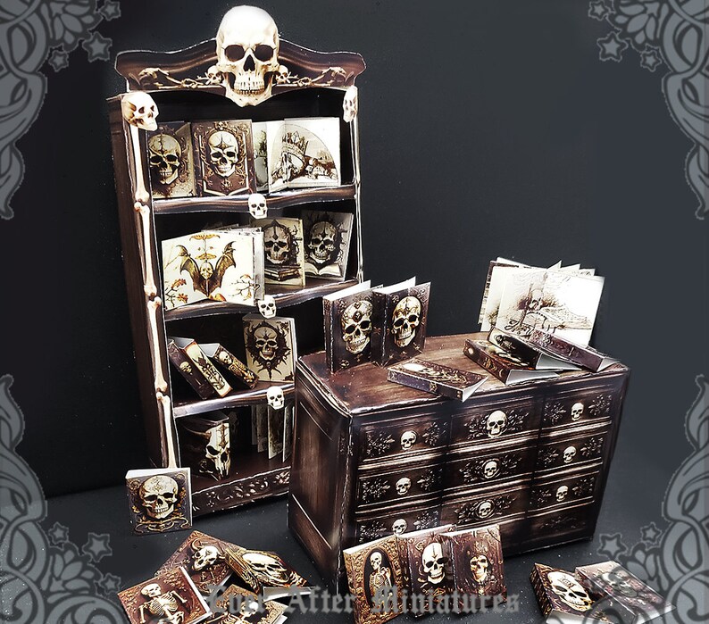 May include: A dark brown wooden bookshelf with a skull design and multiple shelves filled with miniature books and skulls. The bookshelf is on a dark background.