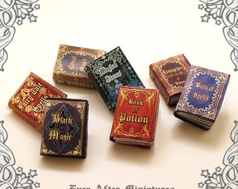 May include: Six miniature books with colorful covers and gold lettering. The titles include "Fairy Tale Spells", "Ritual Magic", "Magical Stones", "Book of Potion", "Book of Spells", and "Black Magic".