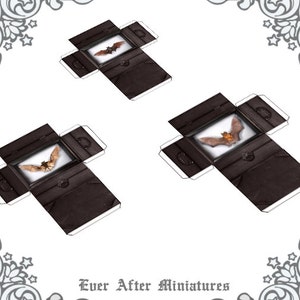 May include: Two printable papercraft models of a brown box with a clear window. Each box contains a brown bat with wings spread out. The boxes are designed to be folded and assembled into a 3D model. The text "Ever After Miniatures" is printed at the bottom of the image.