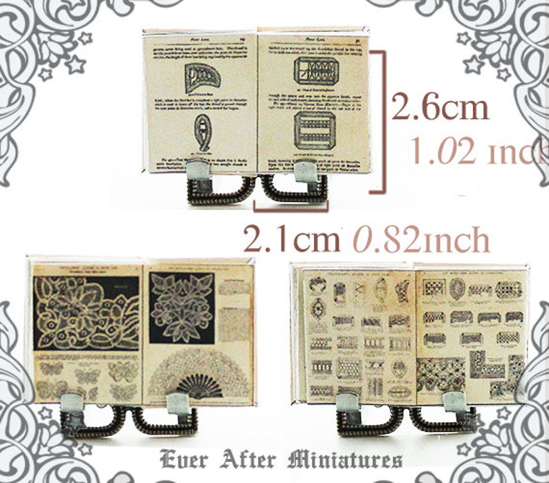 May include: Two miniature books with metal stands. The books are open and show pages of lace patterns. The books are 2.1 inches wide and 1.02 inches tall. The text on the pages reads "Pear Lace" and "Point Lace".