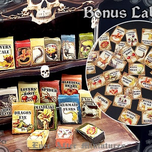 May include: Miniature apothecary shelf with various labeled boxes and bonus labels. The boxes feature illustrations and text like "Wyvern Scale," "Spider," and "Dragon Eye." The bonus labels include text like "Mermaid Tears" and "Bleeding Heart."