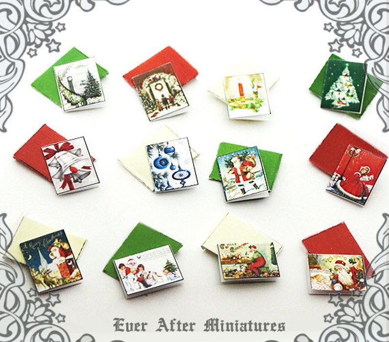 12 CHRISTMAS Miniature Greeting Cards & Envelope 1:12 CLASSIC Dollhouse Miniature Christmas Cards Holiday Greeting Cards Printable DOWNLOAD image 2