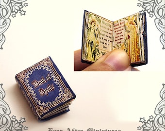 May include: A miniature book titled "Book of Spells" with a blue cover and gold and red accents. The book is open to a page with text and illustrations.