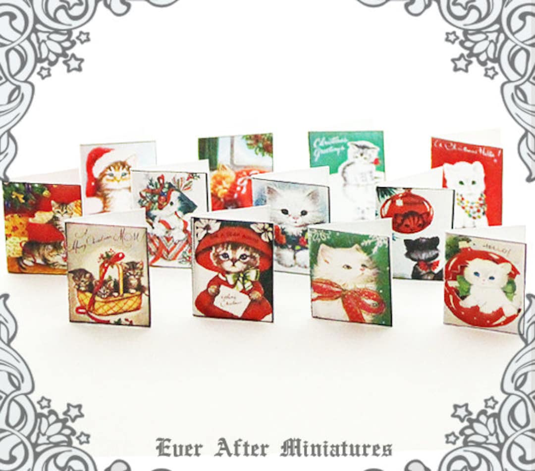 12 CAT Miniature Christmas Cards & Envelopes 112 Dollhouse Miniature