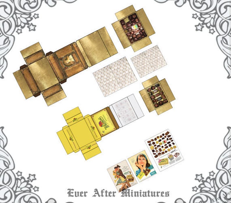 May include: Printable dollhouse miniature of a box of chocolates. The box is made of cardboard and has a gold and brown color scheme. The box is open and the chocolates are visible inside. The chocolates are arranged in rows and are all different shapes and sizes. The box is labeled "Ever After Miniatures".