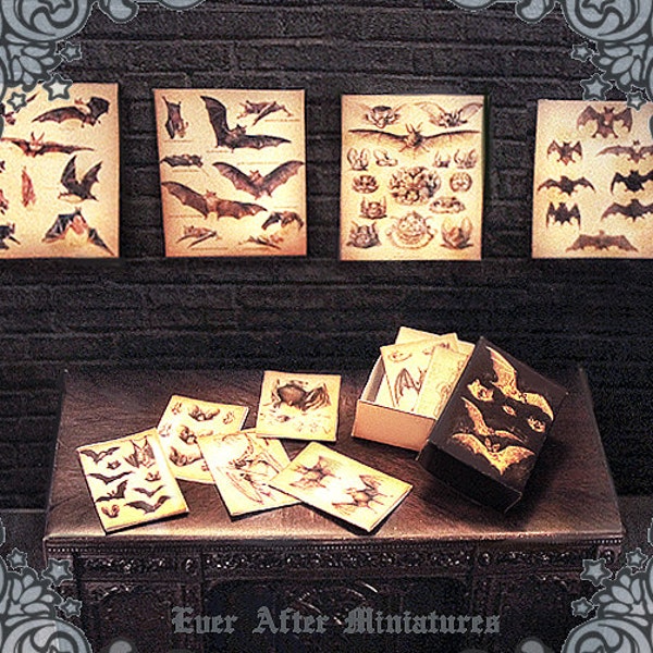 Juego de pósteres y papeles para casa de muñecas en miniatura de murciélagos: 4 pósteres antiguos en miniatura de murciélagos de Halloween + 8 papeles de murciélagos en una caja de murciélagos: imprimible a escala 1:12 DESCARGAR