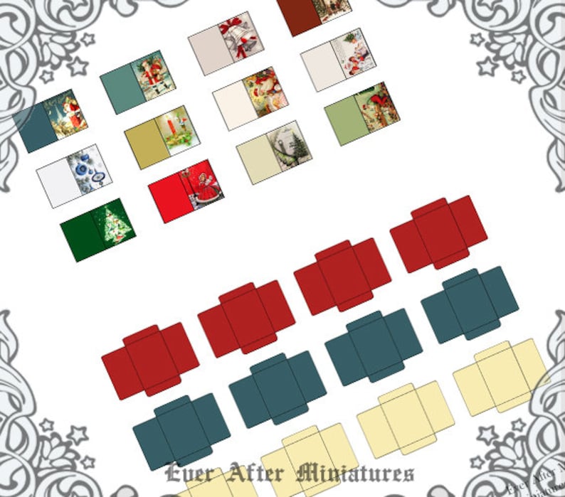 12 CHRISTMAS Miniature Greeting Cards & Envelope 1:12 CLASSIC Dollhouse Miniature Christmas Cards Holiday Greeting Cards Printable DOWNLOAD image 4