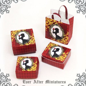 LADY Dollhouse Caja de Pasteles en Miniatura y Bolsa de Regalo en Miniatura (1:12) – 3 Donuts de Panadería / Caja de Pasteles + 1 Bolsa de Regalo Casa de Muñecas Imprimible DESCARGAR