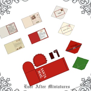 May include: A collection of miniature Christmas-themed paper crafts, including postcards, envelopes, and a red Santa Mail mailbox. The mailbox features the text "SANTA MAIL". Various designs and colors are visible, with a white background.