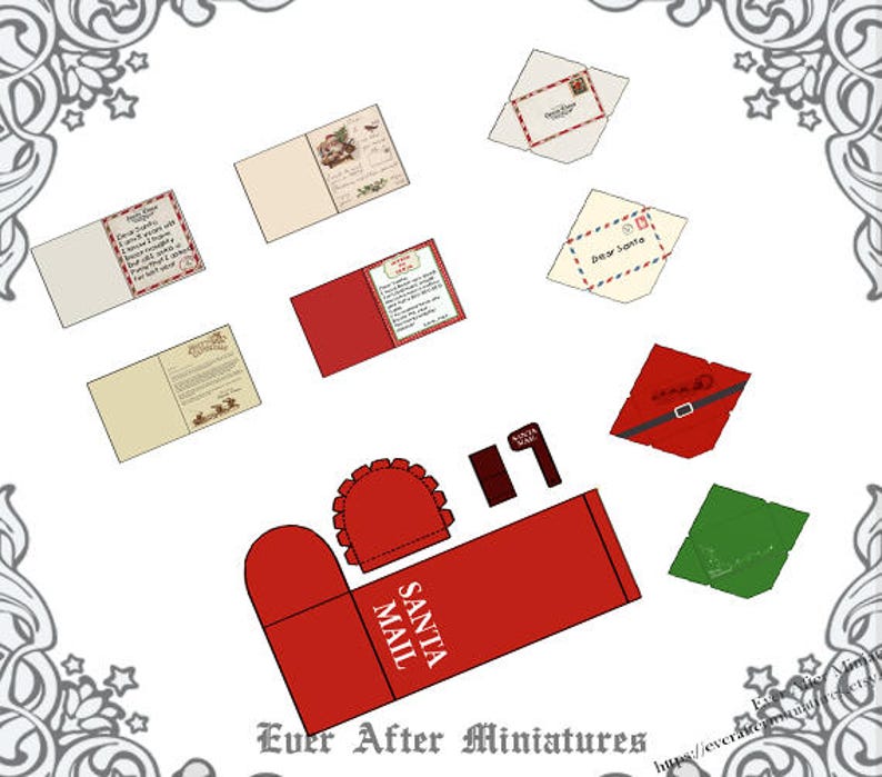 May include: A collection of miniature Christmas-themed paper crafts, including postcards, envelopes, and a red Santa Mail mailbox. The mailbox features the text "SANTA MAIL". Various designs and colors are visible, with a white background.