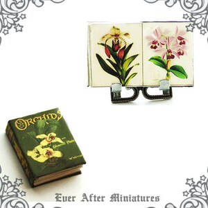 May include: A miniature book titled "Orchids" with illustrations of orchids on the cover. The book is displayed on a miniature book stand with two small framed prints of orchids.