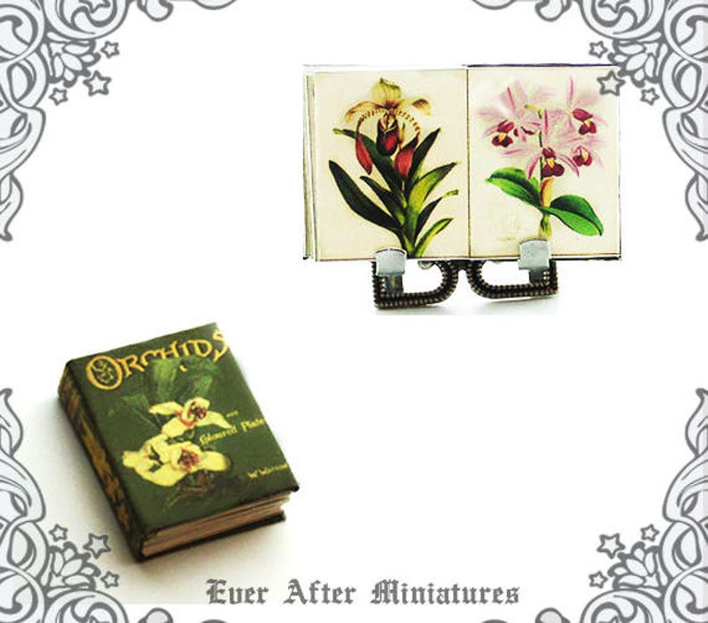 May include: A miniature book titled "Orchids" with illustrations of orchids on the cover. The book is displayed on a miniature book stand with two small framed prints of orchids.