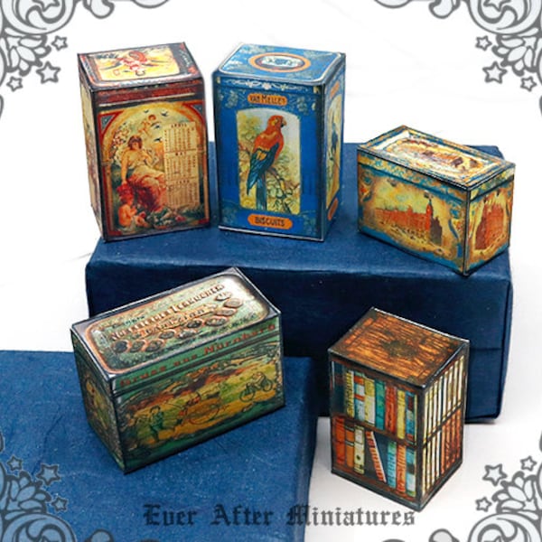 5 BISCUIT Dollhouse Miniature Tin Set #4 – 1:12 Printable Vintage Dollhouse Tin Miniature Kitchen Cookie Box Biscuit Miniature Tin DOWNLOAD