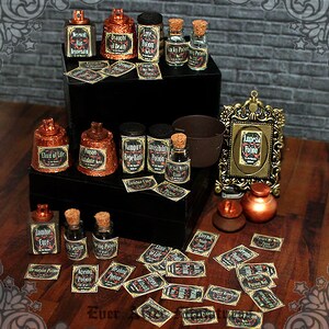 May include: A collection of potion bottles with labels such as "Elixir of Life", "Vampire Repellant", "Love Potion", and "Draught of Death". The bottles are arranged on a wooden surface with a variety of other potion labels scattered around.