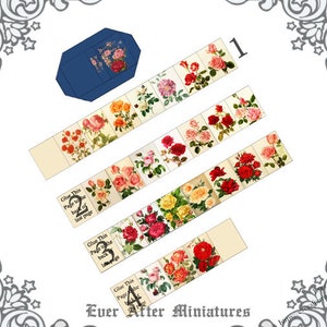 May include: A set of 4 printable paper strips featuring vintage illustrations of roses. The strips are designed to be glued together to create a continuous floral pattern. The instructions on the strips read "Glue This Page to the back of last page".