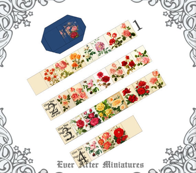 May include: A set of 4 printable paper strips featuring vintage illustrations of roses. The strips are designed to be glued together to create a continuous floral pattern. The instructions on the strips read "Glue This Page to the back of last page".