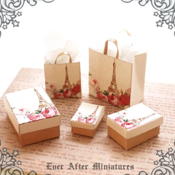 Dollhouse Miniature Gift Box & Miniature Gift Bag Set: 12th Scale 3 Beige Romantic PARIS Box and 2 Shopping Bag Dollhouse Printable DOWNLOAD