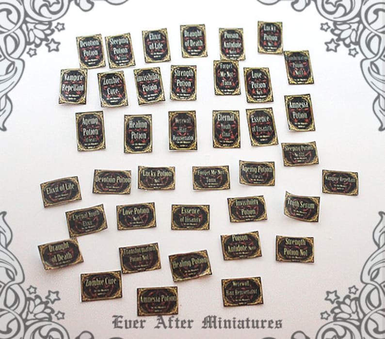May include: A collection of 30 miniature potion bottles with black and gold labels. Each bottle has a different potion name, such as "Vampire Repellant", "Zombie Cure", "Draught of Death", and "Love Potion".