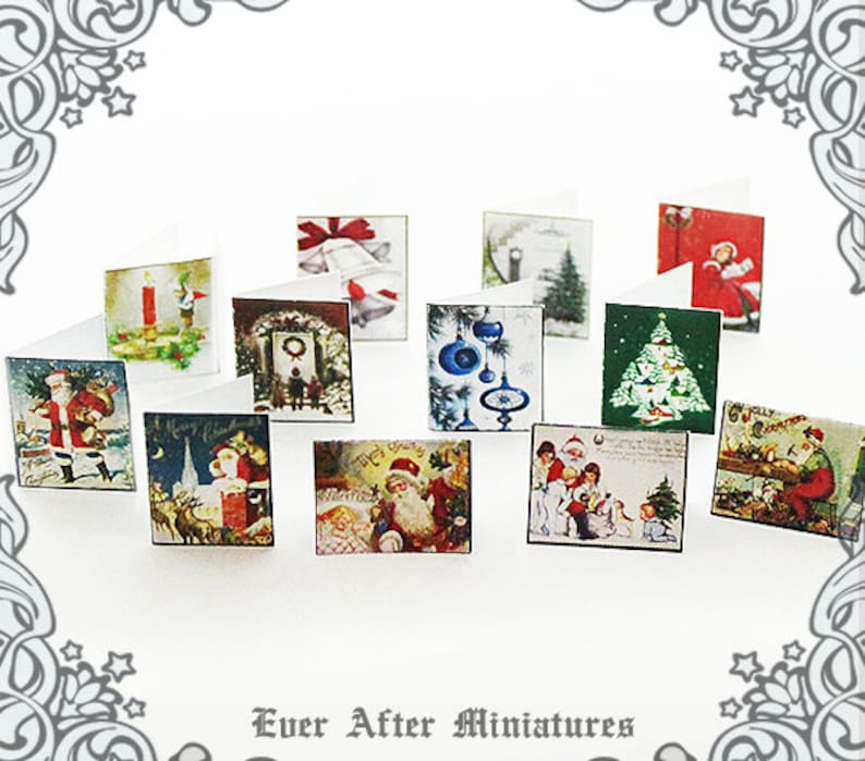 12 CHRISTMAS Miniature Greeting Cards & Envelope 1:12 CLASSIC Dollhouse Miniature Christmas Cards Holiday Greeting Cards Printable DOWNLOAD image 1