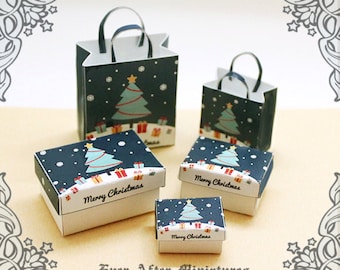 MERRY CHRISTMAS Miniature Gift Box & Dollhouse Miniature Gift Bag Set 1:12 – 3 Christmas Tree Gift Box + 2 Shopping Bag Printable DOWNLOAD