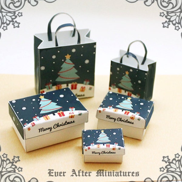 MERRY CHRISTMAS Miniature Gift Box & Dollhouse Miniature Gift Bag Set 1:12 – 3 Christmas Tree Gift Box + 2 Shopping Bag Printable DOWNLOAD