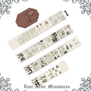 May include: A set of eight vintage paper doll patterns for a doll with a long dress and a hat. The patterns are printed on white paper with black ink and include instructions for assembling the doll. The patterns are labeled with numbers 1 through 8 and include instructions to glue the pages together in the correct order.