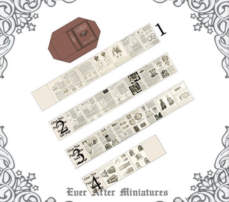 May include: A set of eight vintage paper doll patterns for a doll with a long dress and a hat. The patterns are printed on white paper with black ink and include instructions for assembling the doll. The patterns are labeled with numbers 1 through 8 and include instructions to glue the pages together in the correct order.