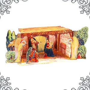 May include: A colorful, three-dimensional nativity scene. The scene features a stable with figures of Mary, Joseph, and baby Jesus. Angels and other figures are also present, with a warm, inviting color palette.