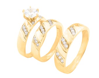 18K GOLD GF WOMENS CT VINTAGE TRIO SQUARE CRYSTAL ANNIVERSARY WEDDING DRESS RING