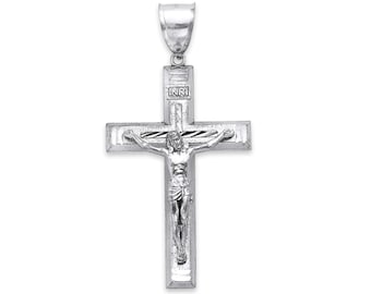 Large Sterling Silver INRI Crucifix Pendant: Diamond Cut Religious Gift