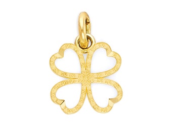 May include: A gold four-leaf clover charm pendant. The clover is made of a delicate, openwork design with a textured surface.