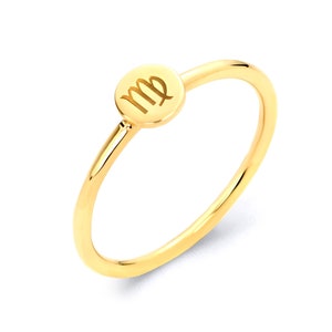 14k Gold Zodiac Signet Ring with Zodiac Engraved, Real Solid Gold Stacking Ring, Gold Zodiac MIDI for Women Available in All Zodiac Signs