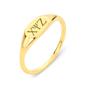 Anel de sinete com letras gregas em ouro 14k, presente de irmã grande e pequena em ouro maciço real para ela, gravado com letras gregas da irmandade, joias da vida grega