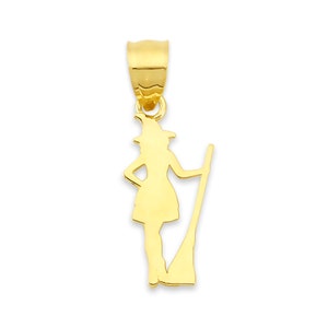 Dainty Solid 10K/14K Gold Witch with Broomstick Pendant - Halloween Witch Necklace - Minimalist Jewelry