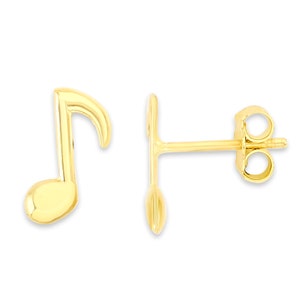 May include: A pair of gold musical note earrings. The earrings are made of 14k gold and feature a simple, elegant design.