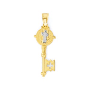 14k Solid Gold St. Benedict Key Pendant Necklace: Two-Tone Religious Jewelry
