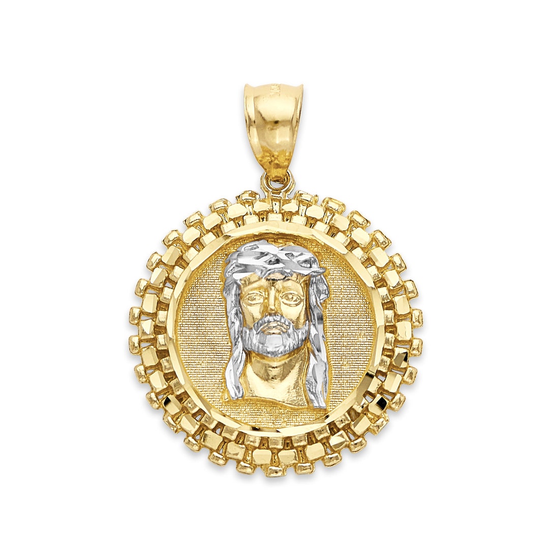 14k Gold Jesus Head Pendant With Chain Link Detail, Christian Jewelry