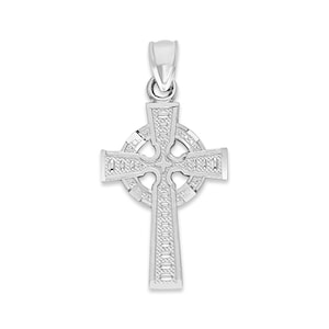 May include: A silver Celtic cross pendant with intricate detailing. The cross is made of a single piece of metal and has a loop at the top for attaching to a chain.