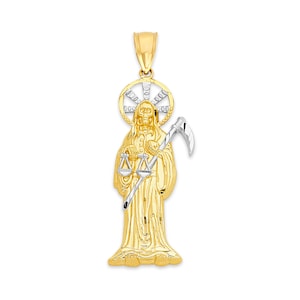 Gold Santa Muerte Pendant 10k & 14k Saint Death Dia De Los Muertos Jewelry Grim Reaper Talisman Protection Jewelry Catholic Gifts for Men
