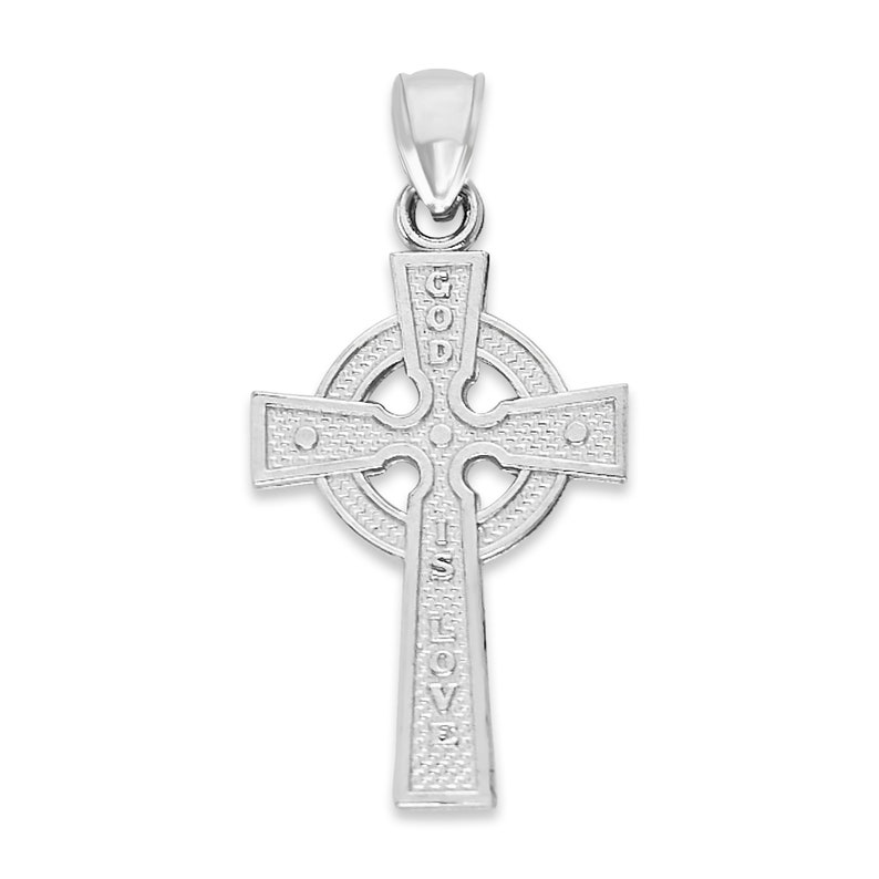 May include: Silver Celtic cross pendant with the words "God is Love" inscribed on it.